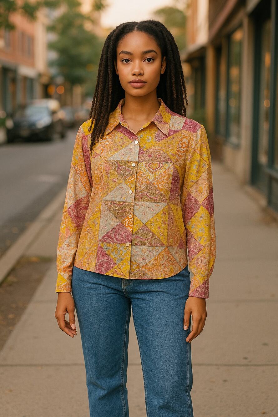 Rose + Olive Women’s Button Down Blouse Long Sleeve Patchwork Boho Tunic Medium